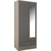 Nevada Mirrored 2 Door Wardrobe Grey Gloss/Light Oak Effect Veneer